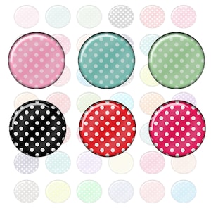 Könnte beinhalten: Neun runde Knöpfe mit weißen Punkten auf verschiedenen farbigen Hintergründen. Die Farben sind rosa, türkis, grün, schwarz, rot und rosa. Die Knöpfe sind in drei Reihen zu je drei angeordnet.