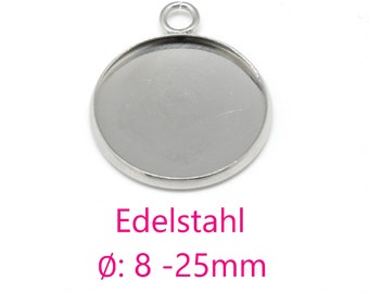 Edelstahl Anhänger Rohlinge mit Fassung 10 - 25mm (Auswahl), Anhängerfassung, Anhängerrohling, Edelstahlfassung, Cabochonfassung, Lünette