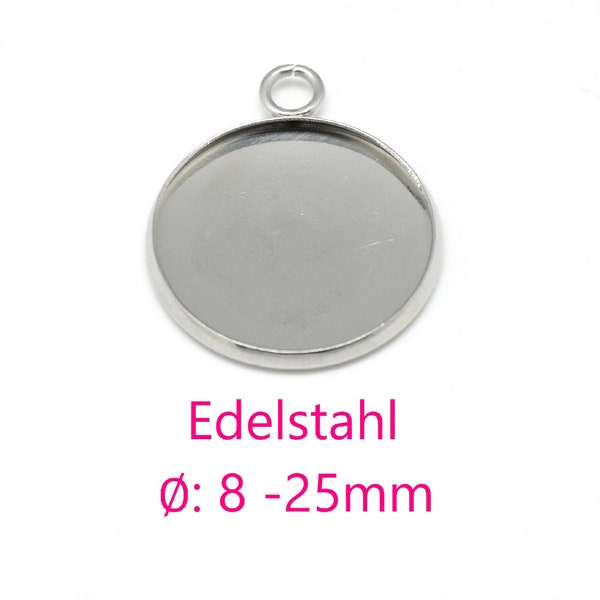 Edelstahl Anhänger Rohlinge mit Fassung 10 - 25mm (Auswahl), Anhängerfassung, Anhängerrohling, Edelstahlfassung, Cabochonfassung, Lünette