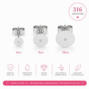 Edelstahl 316 Ohrstecker Rohlinge 6mm 8mm 10mm Platte, 10 oder 50 Stück, inkl. Ohrmutter