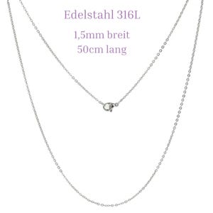 Könnte beinhalten: Eine silberne Kettenkette aus Edelstahl. Die Kette ist 1,5 mm breit und 50 cm lang. Der Text "Edelstahl 316L" ist im Bild geschrieben. Der Text "1,5mm breit" und "50cm lang" ist ebenfalls im Bild geschrieben.