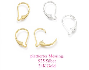 10 x Ohrhänger mit Klappbrisur 24K Gold plattiert oder 925 Silber plattiertes Messing, Größe 15 x 10mm, französische Ohrhaken mit Vertiefung
