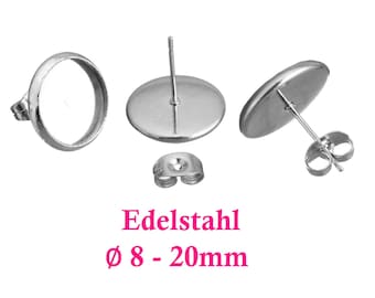 10 x Edelstahl Ohrstecker Rohlinge mit Fassung 8 - 20mm (Auswahl), inkl. Edelstahl Ohrstopper, Ohrsteckerfassung, Cabochonfassung, Silbern