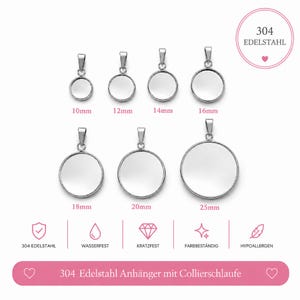 Cabochon Fassung Edelstahl Anhänger Rohling mit Collierschlaufe – 10mm bis 25mm Cabochon Anhänger silberfarben
