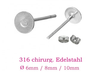 10 x Ohrstecker Rohlinge Edelstahl 316 mit Klebefläche / Pad  6 - 10mm (Auswahl), inkl. Edelstahl Ohrstopper, Silbern, Zubehör, DIY