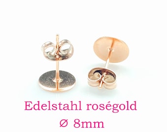 10 x Edelstahl Ohrstecker rosévergoldet mit Klebeplatte 8mm + passende Muttern (OX9)