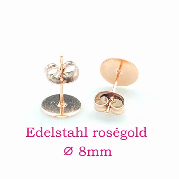 10 x Edelstahl Ohrstecker rosévergoldet mit Klebeplatte 8mm + passende Muttern (OX9)