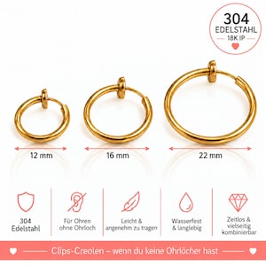 Könnte beinhalten: Drei goldfarbene Creolen in den Größen 12 mm, 16 mm und 22 mm aus 304 Edelstahl mit 18K IP-Beschichtung. Diese Ohrringe verfügen über einen Clip-Mechanismus für Ohren ohne Ohrlöcher. Text im Bild: 304 Edelstahl, 18K IP, Clips-Creolen.