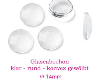 10 x runde Glascabochons 14mm klar, transparent, durchsichtig, oben leicht gewölbt, flache Unterseite / Cabochon Glascabochon