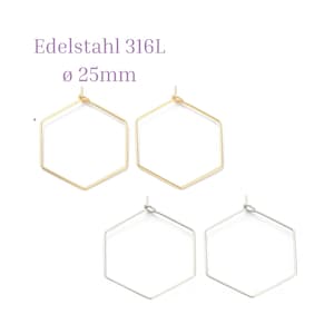 HYPOALLERGENE Creolen aus 316 chirurg. Edelstahl, silber oder gold, 25mm, Sechseck, geometrische Ohrhänger, Chirurgenstahl 10 STK