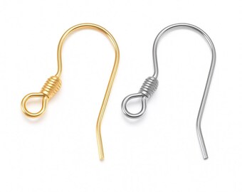 May include: Two earring hooks, one gold-colored and one silver-colored, are displayed against a white background. The hooks have a coiled design at the bottom and a curved top, suitable for jewelry making or earring replacement.
