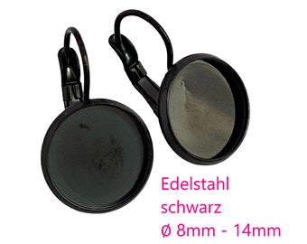 Schwarze Edelstahl Ohrhänger mit Fassung 8mm / 10mm / 12mm / 14mm, Ohrringe Ohrringrohling Ohrringfassung Brisuren 10 STÜCK