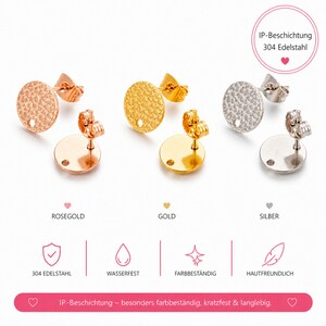 10 texturierte IP Edelstahl Ohrstecker 10mm mit Bohrung I silber - roségold - gold (Auswahl), inkl. Edelstahl Ohrstopper, Schmuckmaterial