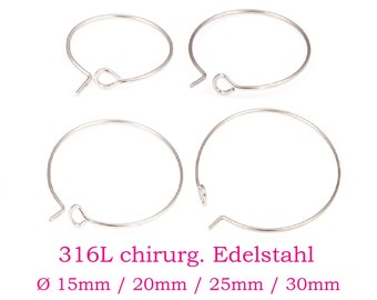 10 x Creolen aus 316L Edelstahl, silber, 15mm - 20mm - 25mm - 30mm, Hoop Ohrringe, Weinglas, Ohrringe, Ohrringzubehör, Chirurgenstahl