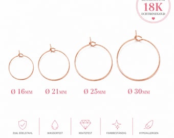 May include: Four rose gold hoop earrings in varying sizes: 16mm, 21mm, 25mm, and 30mm. The earrings are displayed on a white background. Text on the image indicates they are 18K rose gold, hypoallergenic, and scratch-resistant.