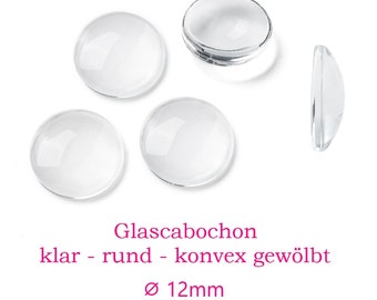 10 x runde Glascabochons 12mm klar, transparent, durchsichtig, oben leicht gewölbt, flache Unterseite / Cabochon Glascabochon