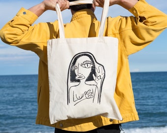 Girl illustration, screen printed organic cotton tote bag