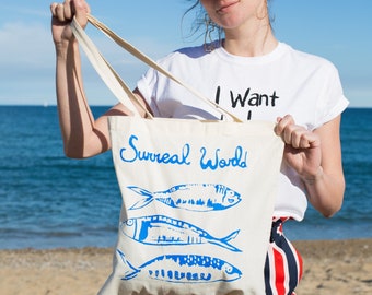 Fish, surreal world, screen printed organic cotton tote bag