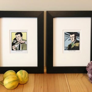 May include: Two framed illustrations of a man in a suit. The man on the left is holding a cup of coffee and the text below him reads "One Lump, Please". The man on the right is looking at the viewer and the text below him reads "That Wasn't Sugar".