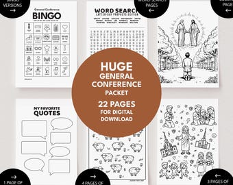 May include: A collection of black and white printable activity pages. Includes bingo, word search, coloring pages, and quote pages. The packet is for digital download and has 22 pages. The pages are designed for a general conference theme.