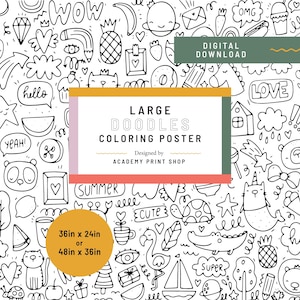 May include: A black and white doodle coloring poster with various illustrations, including a cat, avocado, and pineapple. The poster is available in two sizes: 36 x 24 inches or 48 x 36 inches. The text "DIGITAL DOWNLOAD" is visible.