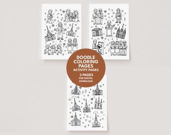 May include: Three white doodle coloring pages with black line art illustrations. The pages feature religious figures, buildings, and symbols. A brown circle in the center reads "DOODLE COLORING PAGES ACTIVITY PAGES 3 PAGES FOR DIGITAL DOWNLOAD."