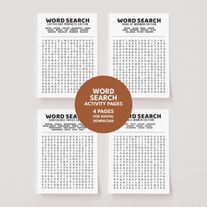 May include: Four printable word search activity pages. Each page features a different theme: Latter-Day Prophets, Book of Mormon, Conference Topics, and Notable Women. The pages are white with black text and a brown circular graphic in the center.