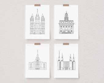 Puede incluir: Un conjunto de cuatro dibujos en blanco y negro de diferentes templos. Cada dibujo está enmarcado y colgado en una pared blanca.