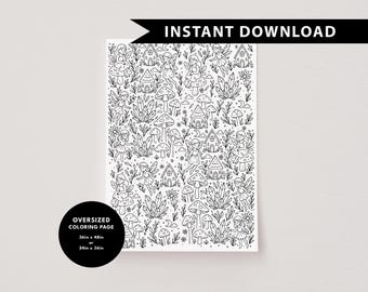 May include: Black and white oversized coloring page with a fairy theme. The page features fairies, mushroom houses, flowers, and foliage. The text "INSTANT DOWNLOAD" is at the top, and the text "OVERSIZED COLORING PAGE" is on a black circle, with size options of 36in x 48in or 24in x 36in.