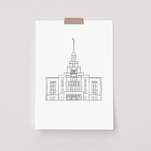 May include: Line drawing of a church building with a tall spire and a statue on top. The building has a symmetrical design with multiple windows and a large entrance.