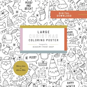 May include: A black and white Christmas coloring poster with various holiday-themed doodles, including ornaments, gifts, and Santa. The poster is available in two sizes: 36 x 24 inches or 48 x 36 inches. The text "Large Christmas Coloring Poster" is displayed.