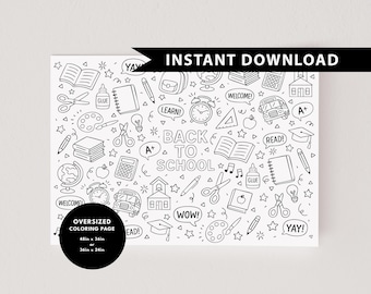 Pode incluir: Página para colorir grande em preto e branco com rabiscos com tema escolar. Inclui o texto "Back to School", "Instant Download" e opções de tamanho de 122 cm x 91 cm ou 91 cm x 61 cm. Apresenta materiais escolares.