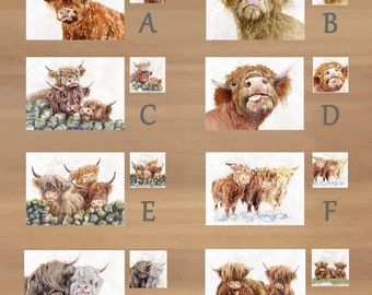 Highland cows, Placemat and Coaster sets, featuring artwork by Jane Bannon