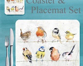 Garden birds,  Placemat and Coaster set, featuring artwork by Jane Bannon