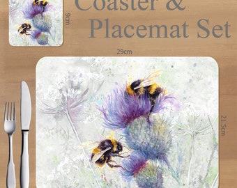 Bees on thistle,  Placemat and Coaster set, featuring artwork by Jane Bannon