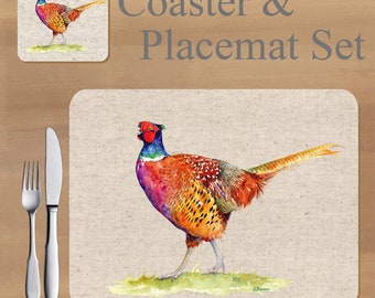 Pheasant, Placemat and Coaster set, featuring artwork by Jane Bannon