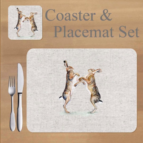 Hare, Boxing hares,  Placemat and Coaster set, featuring artwork by Jane Bannon