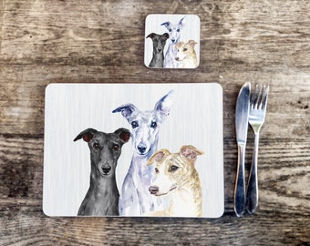 Whippet trio, Placemat and Coaster set, featuring artwork by Jane Bannon