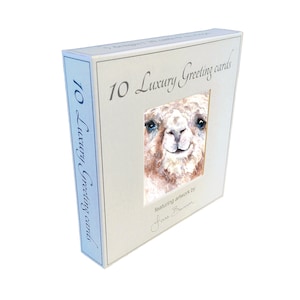 Alpaca, wenskaarten, doos met 10 kaarten & enveloppen, afbeeldingen door Jane Bannon