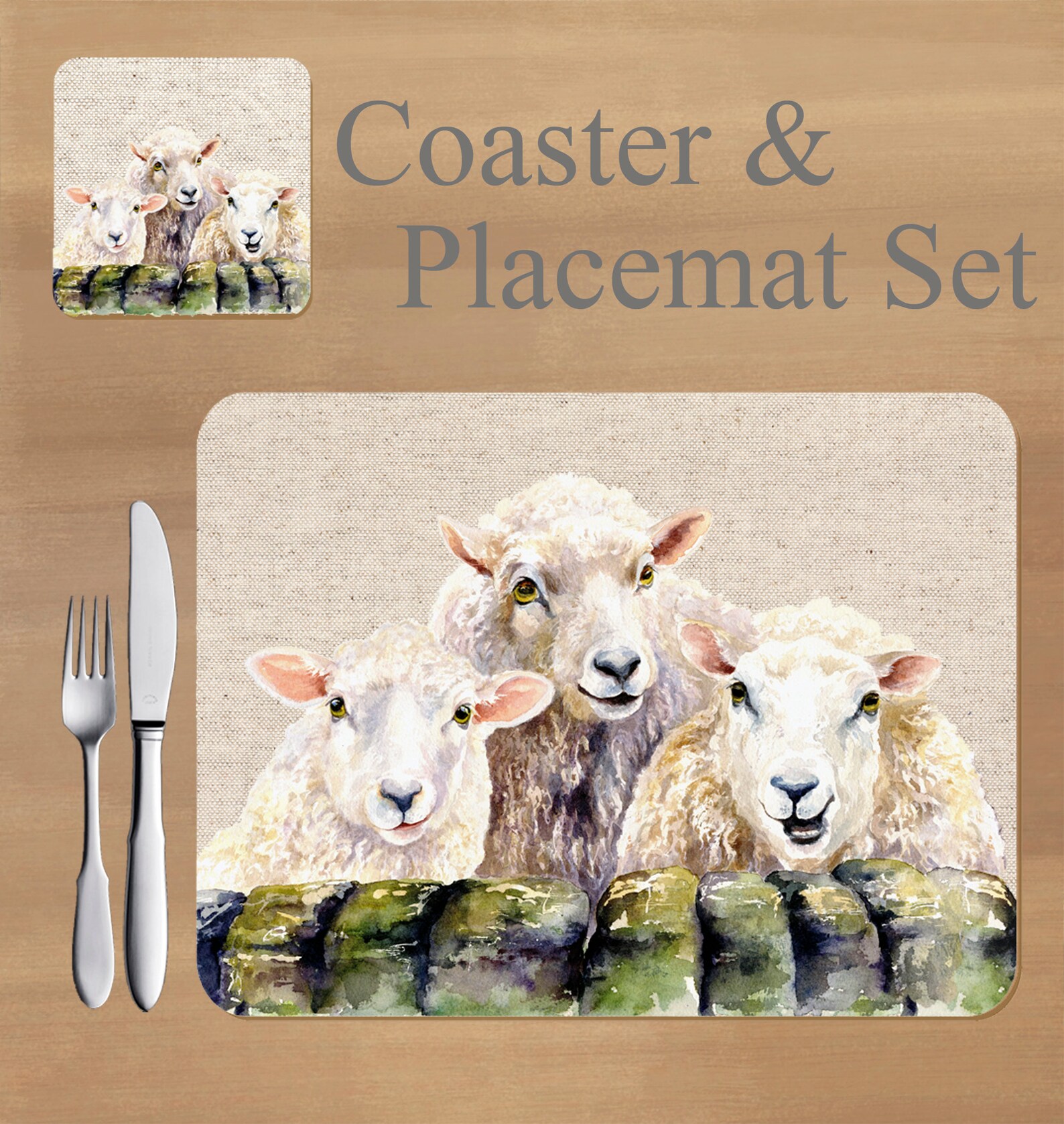 The 3 Sheep Placemat and Coaster Set Featuring Artwork by Etsy
