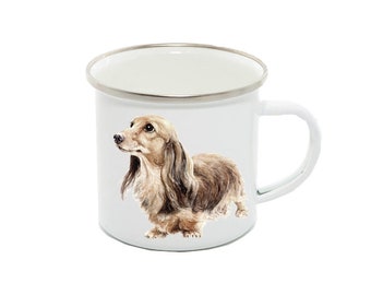 long haired dachshund,  Enamel Mug 12oz, image by Jane Bannon