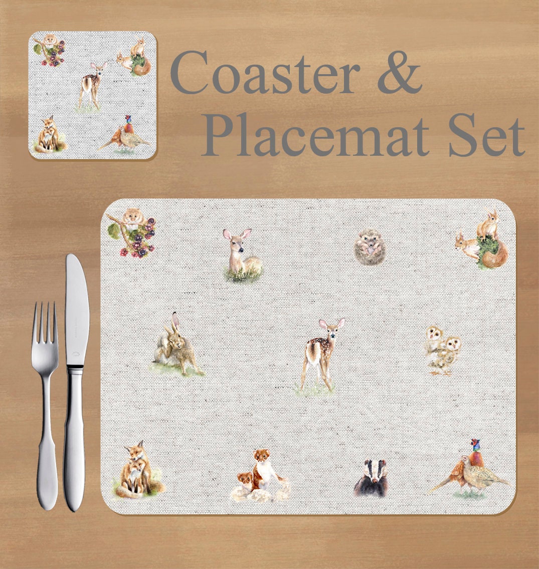 Wildlife set 2 Placemat and Coaster set featuring artwork Etsy