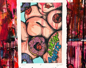 Dykin' Donuts • Art Print on Handmade Paper by Liberty Antonia Sadler (queer art • sapphic • WLW • lesbian • doughnuts • fat art • curves)
