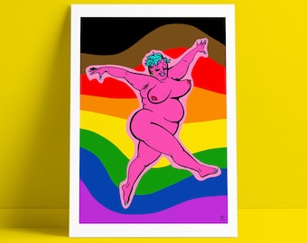 Queer, Fat & Free • pride art print by Liberty Antonia Sadler (body positive • LGBTQ+ • fat positive • cute • radical softness • femme)