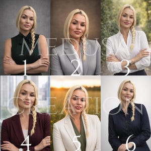 Puede incluir: Seis retratos profesionales de una mujer rubia con trenza. Cada imagen muestra a la mujer con diferentes atuendos: un top verde oscuro, una blazer gris, una camisa blanca, una blazer burdeos, una blazer blanca y una camisa vaquera. La palabra "MEDUSA" es visible.