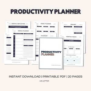 Productivity planner, Daily planner, Weekly planner, To-do list, Yearly Planner, Calendar, Goal planner, Printable pdf, INSTANT DOWNLOAD