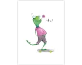 Skaterfrosch sagt „Hi!“ – Grußkarte mit Frosch auf dem Skateboard