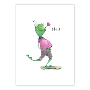 Skaterfrosch sagt „Hi!“ – Grußkarte mit Frosch auf dem Skateboard