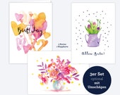 3er Set Glückwunschkarten Geburtstagskarten Aquarell