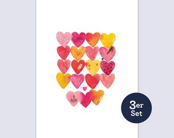 3er Set Grußkarte Postkarte „Liebe“ Herzen Love